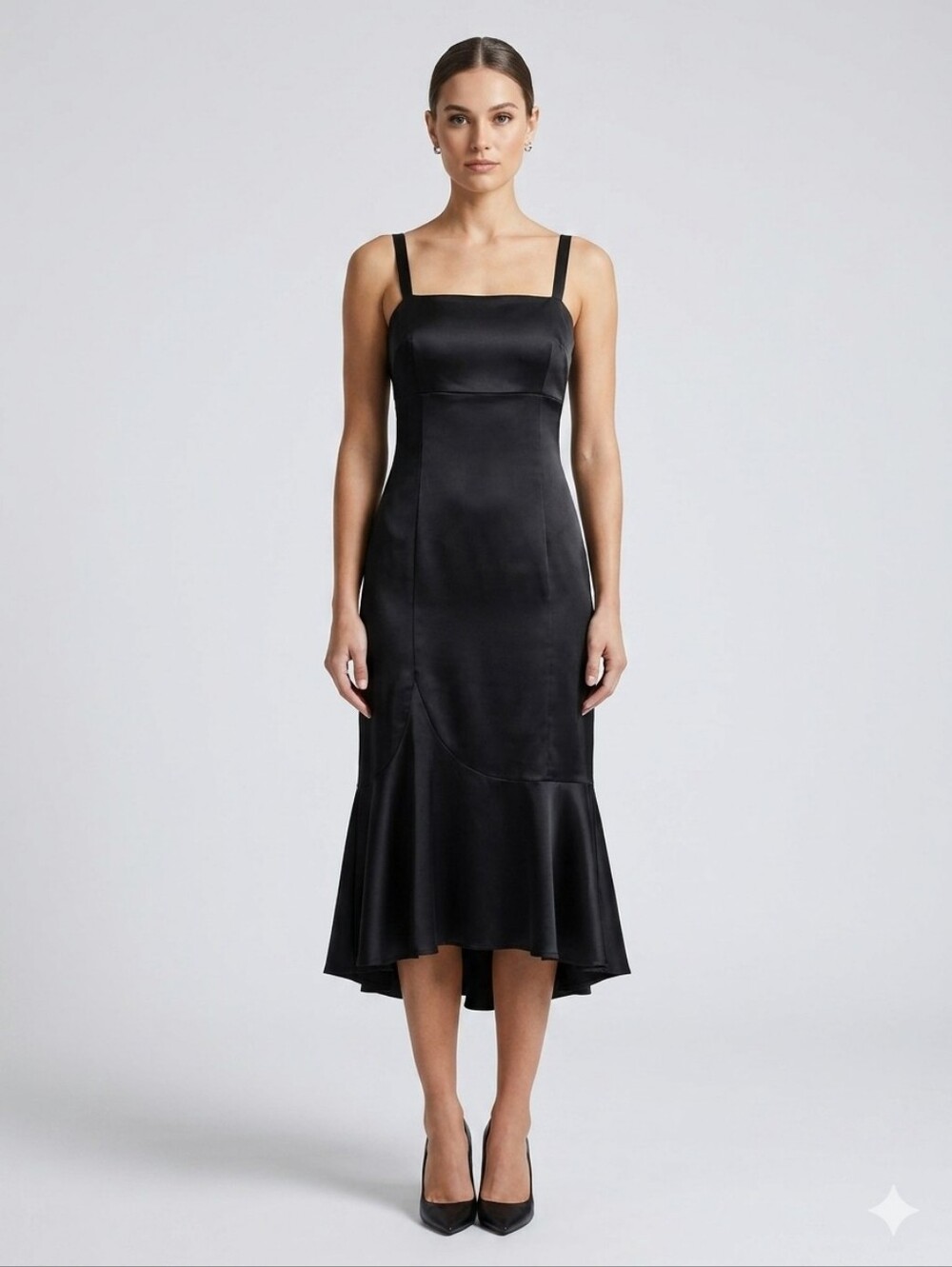 Calvin Klein Black Satin Slip Dress Flounce Hem Midi Med Whimsigoth Cocktail